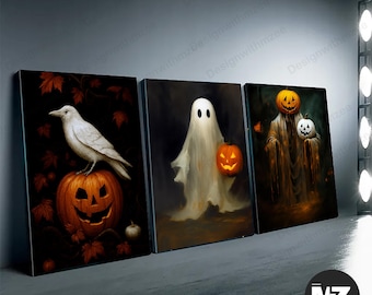 Illustration vintage d'Halloween avec fantômes et citrouilles (téléchargement numérique) san66