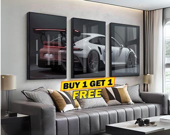 Ensemble de 3 affiches numériques de voitures de sport, poster Porsche blanc, décoration murale moderne pour garage ou garage, cadeau pour passionné d'automobile, affiche de supercar de luxe, style minimaliste Car175 57