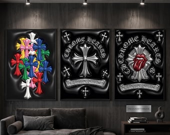 Ensemble de 3 affiches murales Chrome Hearts, posters croix gothiques colorés, décoration Chrome Hearts, style streetwear Y2K de luxe, P175 86