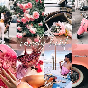 Könnte beinhalten: Eine Collage aus Bildern mit einem rosa und weißen Auto, einem rosa Roller, einem Blumenstrauß, einer rosa und schwarzen Leopardenmuster-Tasche, einer Frau in einem rosa Oberteil und einem rosa und weißen Auto sowie einem Strauß rosa Pfingstrosen. Der Text "candy heat" ist in weißer Kursivschrift auf rosa Hintergrund geschrieben.