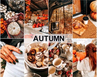 May include: A collage of autumn-themed images. Pumpkins, gourds, and fall foliage are featured. Cinnamon rolls, coffee, and a forest view are also shown. The word "AUTUMN" is displayed in the center.