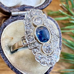 Art Deco Sapphire and Diamond Ring | Antique 1920s White Gold Engagement Ring | Vintage Old European Cut & Rose Cut Diamond Jewelry