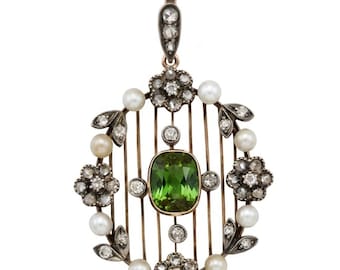 Ciondolo edoardiano con perla, tormalina e diamanti, collana in oro 14 kt e argento / primi anni del 1900