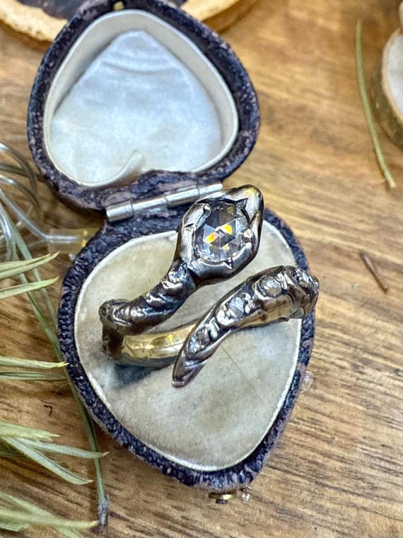 Rose Cut Diamond Ruby Snake Ring Gold Antique Vic… - image 1