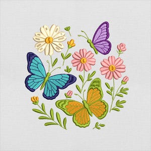 Butterflies and Flowers Embroidery Design, Colorful Spring Butterfly and Flowers File for Machine Embroidery, Instant Download, PES DST