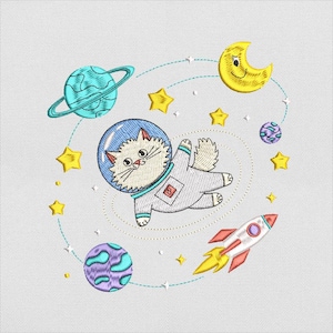 Astronaut Cat Embroidery Design, Space Cat with Planets and Stars Embroidery File for Machine, Instant Download, PES DST File