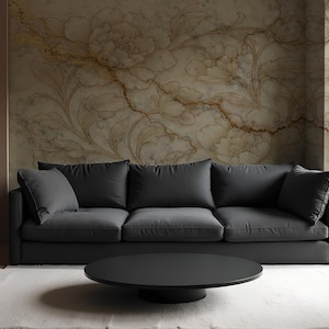Carta da parati floreale in marmo beige – Elegante murale botanico con dettagli dorati – Arte murale di lusso ispirata alla natura per soggiorno o camera da letto