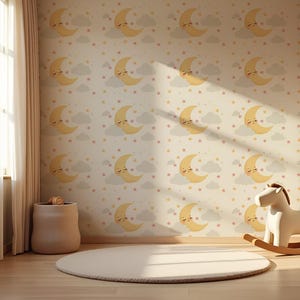 Carta da parati murale "Sognante Luna" – Decorazione celeste per cameretta dei bambini – Carta da parati con luna e stelle – Decorazione murale con cielo notturno per cameretta dei bambini