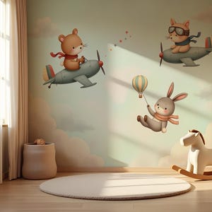Pilot Animals Wallpaper – Funny Aviation Wall Art – Flying Animal Cartoon Mural for Kids Room – Quirky Surreal Adventure Decor