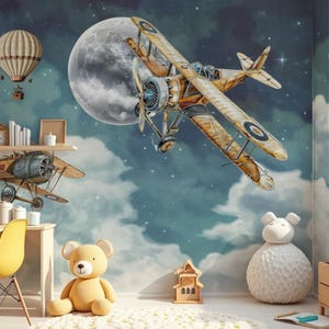 Carta da parati con cielo e aerei per la cameretta dei bambini, murale rimovibile, decorazione da parete per la cameretta dei bambini, carta da parati con nuvole, decorazione per la cameretta dei bambini, cameretta per ragazzi e ragazze