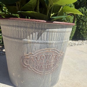 Könnte beinhalten: Ein grauer Metall-Pflanzkübel mit abgenutzter Oberfläche und dunkelbraunem Rand. Die Vorderseite zeigt ein geprägtes ovales Schild mit dem Text FLOWERS & GARDEN. Der Kübel hat zwei seitliche Griffe und enthält eine grüne Pflanze mit großen Blättern.