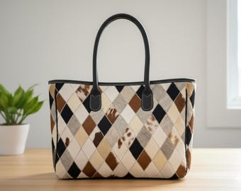 Patchwork Rindsleder Einkaufstasche | Hair On Hide Diamant-Muster-Handtasche | Geldbörse aus Italienischem Leder | Benutzerdefinierte Tasche | Geschenk für Sie