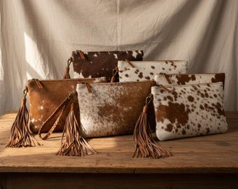 Handgemaakte rundleer schoudertasje clutch | Westernzakje met rits