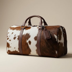 Puede incluir: Una bolsa de viaje de piel de vaca con asas, correas y una etiqueta de equipaje de cuero marrón. La bolsa presenta un estampado de manchas marrones y blancas. Tiene cierre de cremallera y está diseñada para viajar.