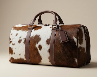 May include: A cowhide duffel bag with brown leather handles, straps, and a luggage tag. The bag features a brown and white spotted pattern. The bag has a zipper closure and is designed for travel.