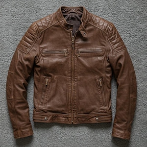 Men&#39;s Vintage Biker Leather Jacket – Brown Real Cowhide Motorcycle Style – Handmade Café Racer Jacket with Zipper Pockets