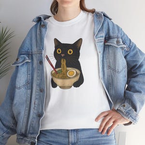 Ramen Cat T-Shirt , Kawaii Black Cat Eating Noodles Tee , Funny Foodie Kitty Shirt , 100% Cotton Unisex Gift , Anime Cat Lover Style