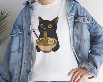 Ramen Cat T-Shirt , Kawaii Black Cat Eating Noodles Tee , Funny Foodie Kitty Shirt , 100% Cotton Unisex Gift , Anime Cat Lover Style