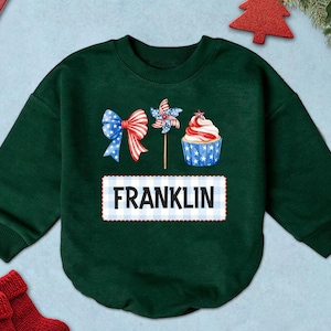 Personalized Red White Blue Bow Cupcake Romper, 4th of July Kids Shirt, Patriotic Outfit, Independence Day Baby Clothes