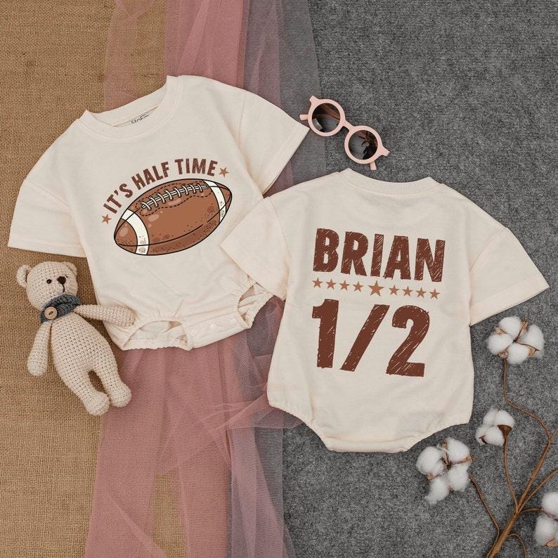 Football Half Birthday, Football Game Baby, Personalized It's Halftime Bubble Romper, 1/2 Birthday Outfit, Baby Clothes, Gameday Outfit