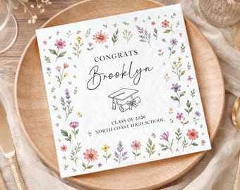 Book Graduation Napkins Personalized, A New Chapter Wildflower Napkins, Wildflower Floral Grad Party Decor, Book Theme, Cocktail Napkins