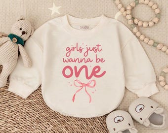 Pink Bow First Birthday Outfit: Girls "One" Bubble Romper