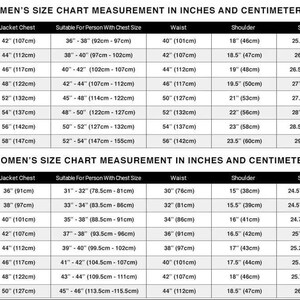May include: A size chart with measurements in inches and centimeters for men's and women's jackets. The chart includes sizes from XSmall to XXXXLarge, detailing jacket chest, waist, shoulder, and sleeve measurements, as well as length.
