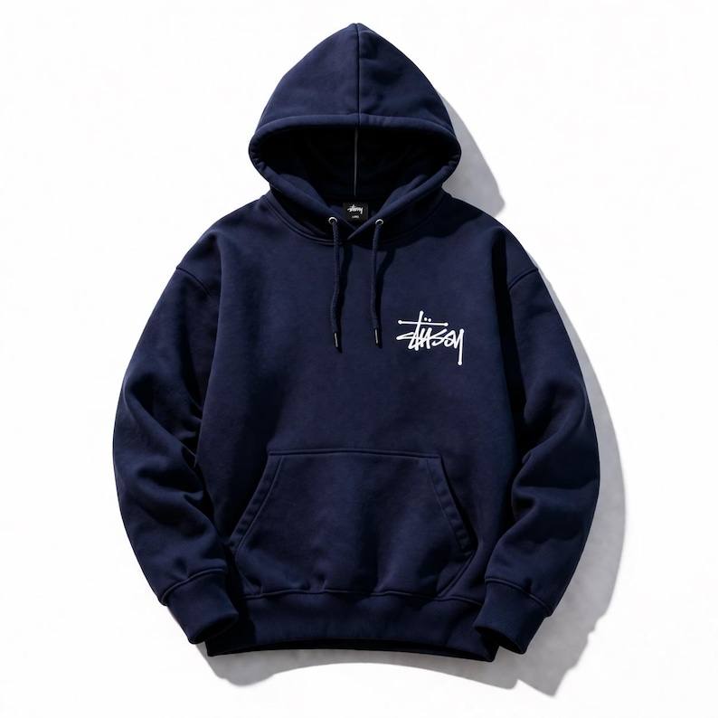 May include: Navy blue hooded sweatshirt with a white logo on the chest. The sweatshirt features a drawstring hood and a kangaroo pocket. The Stussy logo is in a handwritten style. The garment is made of a soft, comfortable material.