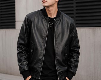 Men’s Black Leather Bomber Jacket | Minimalist Streetwear Zip Up Jacket | Casual Winter Outerwear