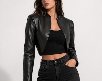 Black Faux Leather Cropped Bolero Jacket • Minimalist Chic Streetwear