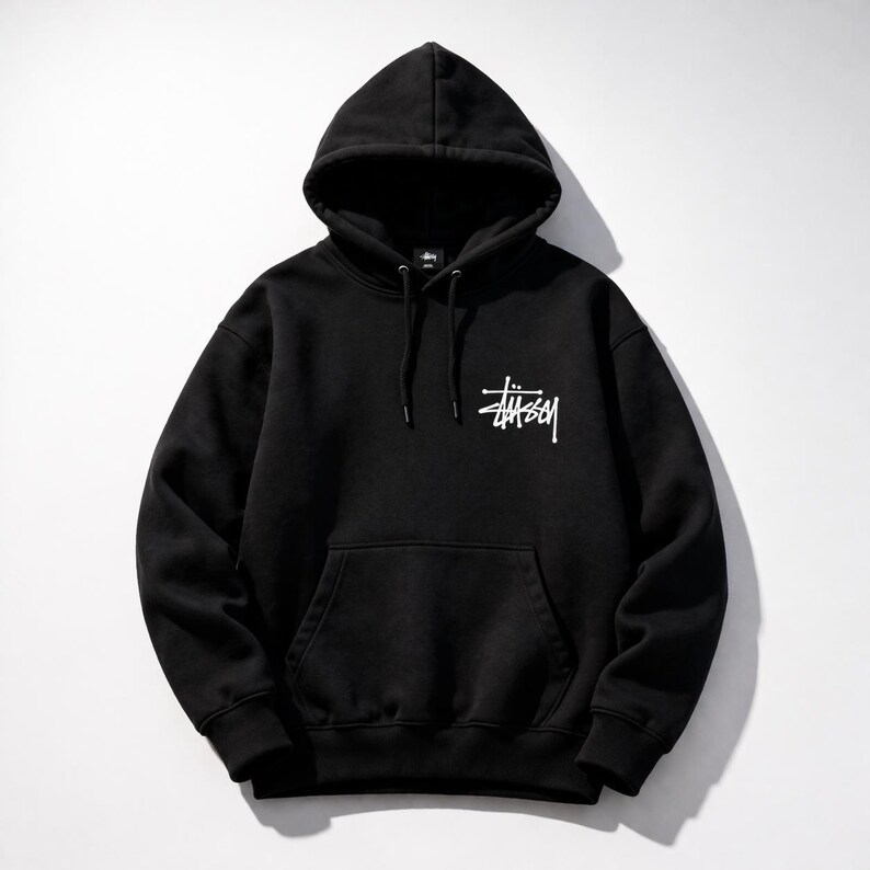 May include: Black hooded sweatshirt with a kangaroo pocket and drawstring. The white logo of the brand is printed on the front. The sweatshirt is made of a soft, comfortable material.