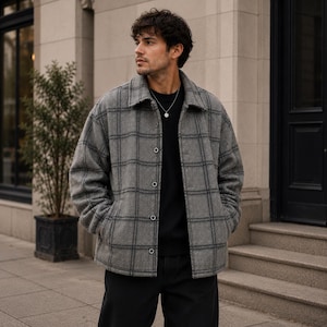 Grey Plaid Overshirt Jacket Men | Oversized Shacket | Vintage Checkered Wool Blend Coat | Casual Streetwear Jacket