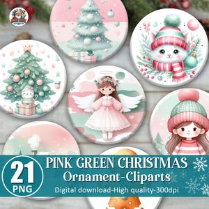 Mais de 20 imagens PNG de enfeites de Natal rosa e menta, pacote de imagens PNG de enfeites de Natal em tons pastel, imagens PNG de Natal rosa e verde, clipart de alta qualidade, download digital.