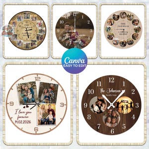 Könnte beinhalten: Eine Sammlung personalisierter Holzuhren mit Familienfotos. Die Uhren weisen verschiedene Designs auf, darunter Uhren mit mehreren Fotoschlitzen und Uhren mit Familiennamen und -daten. Die Uhren sind in einem warmen Braunton gehalten und haben ein klassisches Zifferblattdesign.