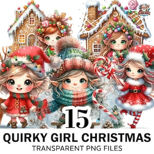 15+ Watercolor Quirky Elves Girl Clipart, Comical Elf Png Bundle, Whimsical Christmas Png, High Quality Clipart, Commercial Use