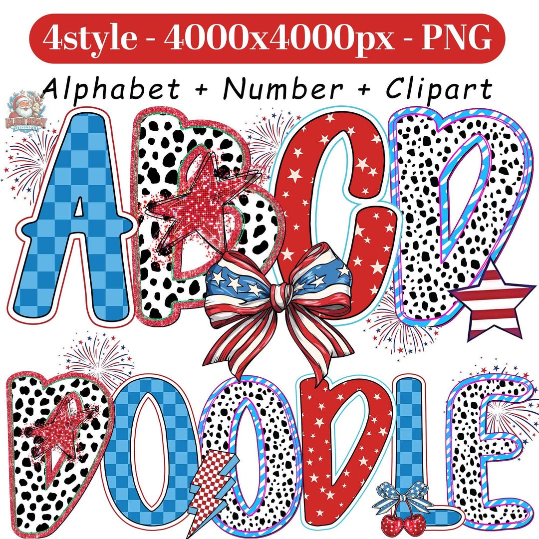4+ Alphabet American Png Bundle, Patriotic Doodle Png, 4th of July Font ...