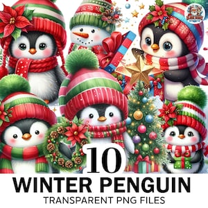 10+ Watercolor Winter Penguin Clipart, Christmas Penguin Png Bundle, Cute Penguin Christmas Png, High Quality Clipart, Commercial Use
