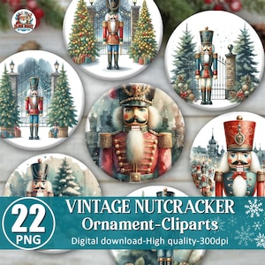 May include: A collection of 22 vintage nutcracker ornament cliparts. Each circular design features a detailed illustration of a nutcracker soldier in various poses, with Christmas trees and gates in the background. The text "VINTAGE NUTCRACKER Ornament-Cliparts" is also included.
