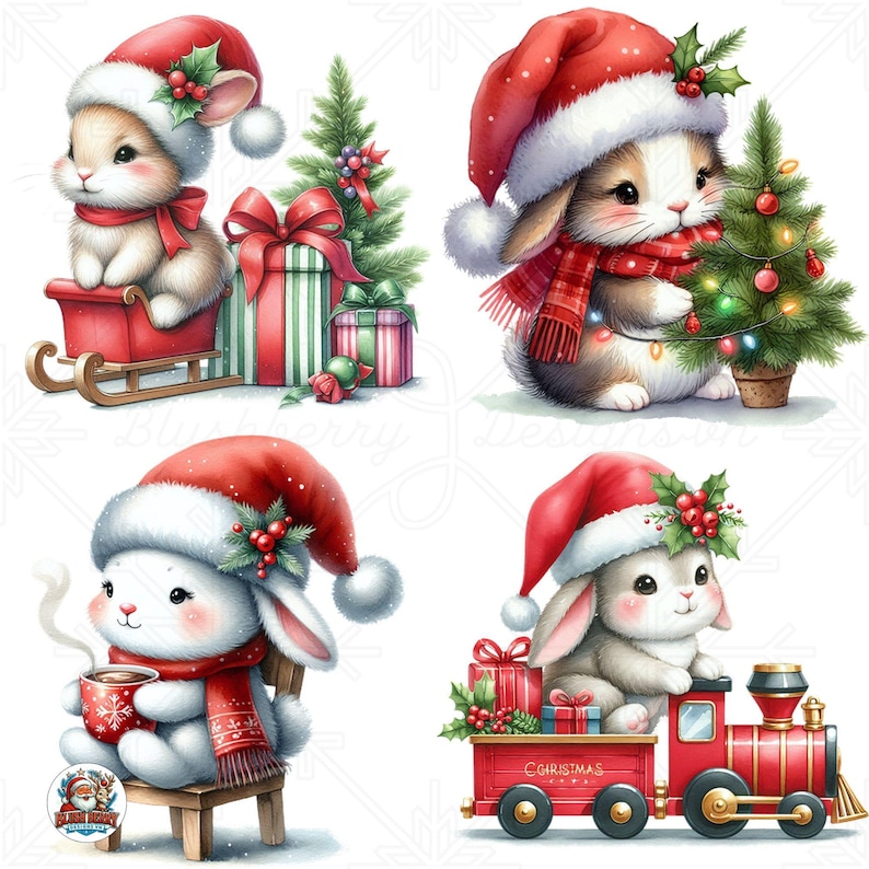 20+ Watercolor Christmas Rabbit Clipart Bundle , Festive Bunny Png ...