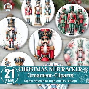 May include: A collection of 21 Christmas nutcracker ornament cliparts in PNG format. The designs feature various nutcracker soldiers in red, green, and blue uniforms, with detailed illustrations on white circular backgrounds. The text reads "Christmas Nutcracker Ornament-Cliparts".