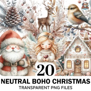 20+ Watercolor Neutral Christmas Clipart, Boho Christmas  Png Bundle, Cozy Winter Watercolor Png, High Quality Clipart, Commercial Use