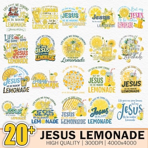 Può includere: Una collezione di oltre 20 design di Jesus Lemonade. I design presentano limoni, limonata e il testo che recita "Life gave me some lemons but my Jesus he be makin' lemonade". I design sono in giallo, blu e bianco.
