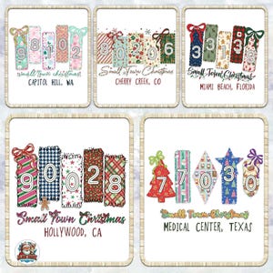 Puede incluir: Una colección de diseños navideños con rectángulos coloridos y estampados con números y lazos. Cada diseño incluye el texto "Small Town Christmas" y una ubicación, como Capitol Hill, WA.