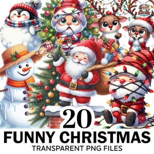 20+ Watercolor Funny Christmas Clipart, Comical Santa Png Bundle, Whimsical Christmas Png, High Quality Clipart, Commercial Use