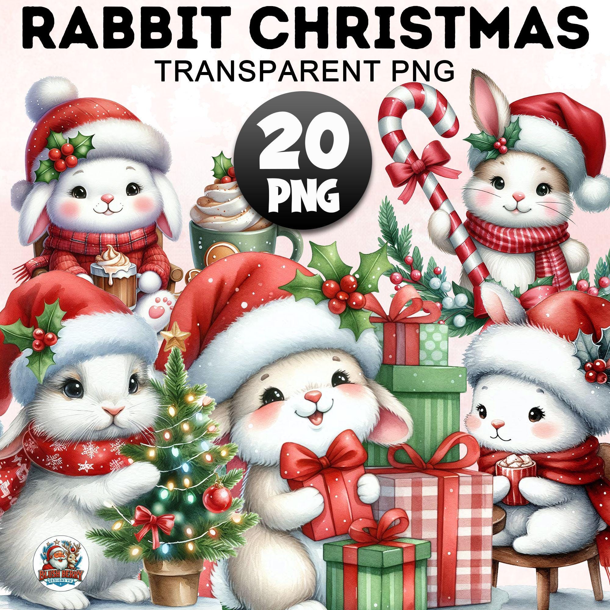 20+ Watercolor Christmas Rabbit Clipart Bundle , Festive Bunny Png ...