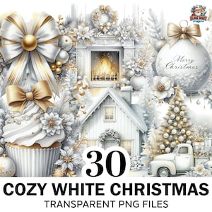 30+ Watercolor Cozy White Christmas Clipart, Christmas White Png Bundle, Elegant Holiday Png, High Quality Clipart, Commercial Use