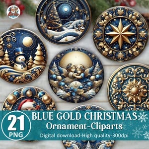 Ponad 20 3D niebiesko-złotych ozdób świątecznych w formacie PNG, pakiet ozdób świątecznych w formacie PNG, bałwanek świąteczny w formacie PNG, wysokiej jakości kliparty, pobieranie cyfrowe