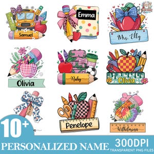 Pode incluir: Uma coleção de designs digitais coloridos com tema escolar. Cada design apresenta uma maçã, um lápis e uma etiqueta com nome. Os designs incluem um ônibus escolar, um caderno, uma mochila e vários materiais escolares. Nomes: Samuel, Emma, Mrs. Elly, Ruby, Olivia, Penelope e Wilhelmina.