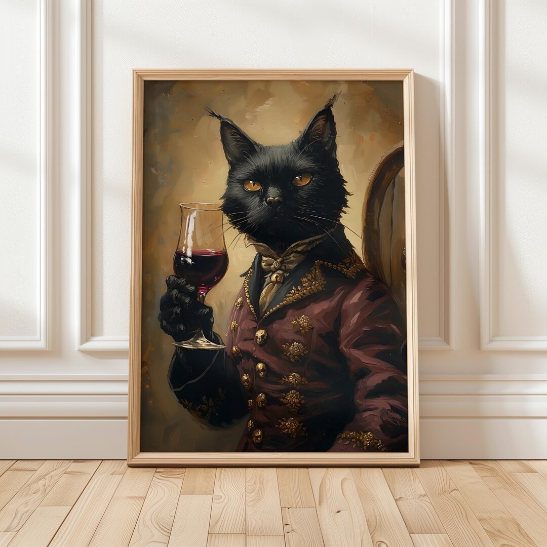 Retro Black Cat Wine Art Print: Eclectic Bar Cart Decor (digital ...