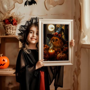 Halloween Wandkunst Hexe für Kinderzimmer oder Kinderzimmer - Niedliches druckbares Halloween-Dekor mit gruseligem orangefarbenem Welpen vor Herbsteinstellung.